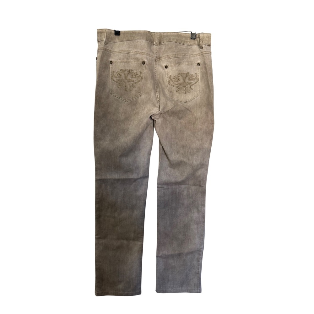 Chicos Platinum Denim Tan Acid Wash Straight Leg Jeans Jewel Button Size 1 M